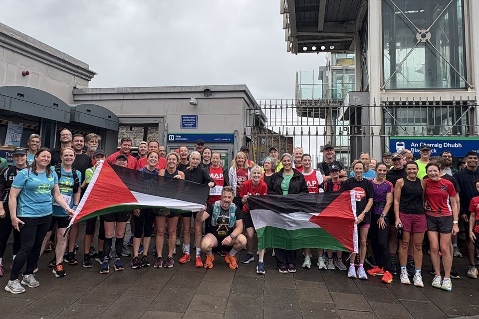 Runners gathered at Blackrock Dart station for the Gaza solidarity run. Photo: Jennie Cotter