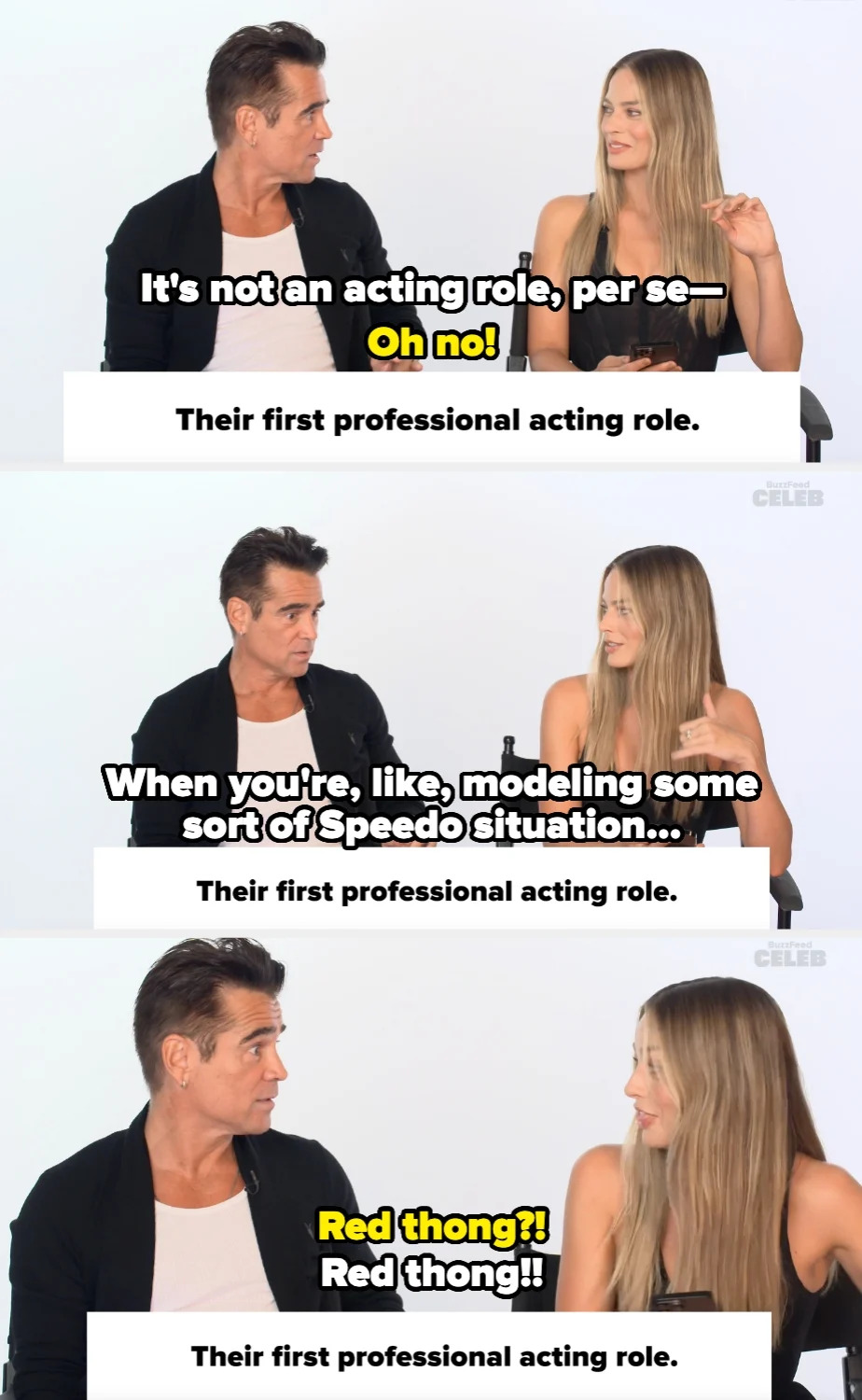Two people humorously discuss modeling in a Speedo, with surprise about a red thong. Text: "Their first professional acting role."