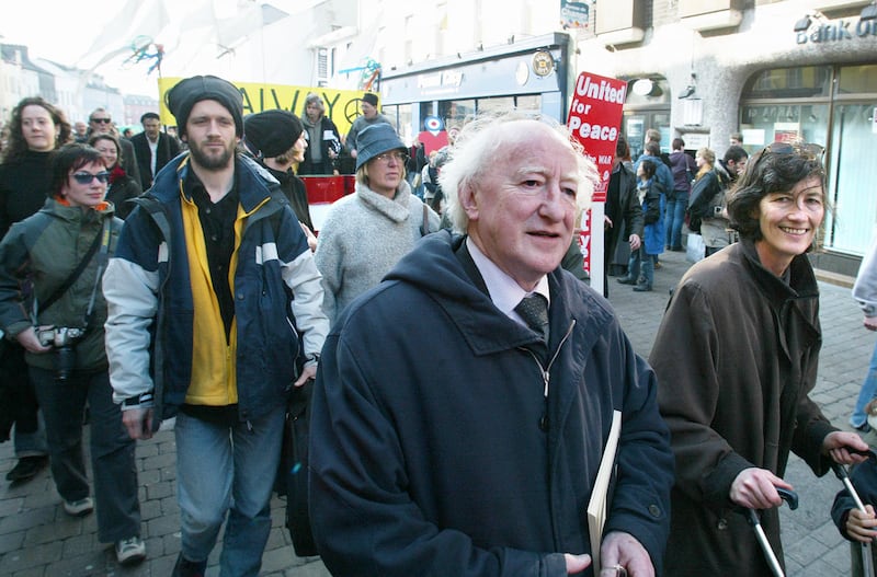 Michael D Higgins and Catherine Connolly taking part in a Galway Alliance Against War march in 2003. Photograph: Joe Shaughnessy