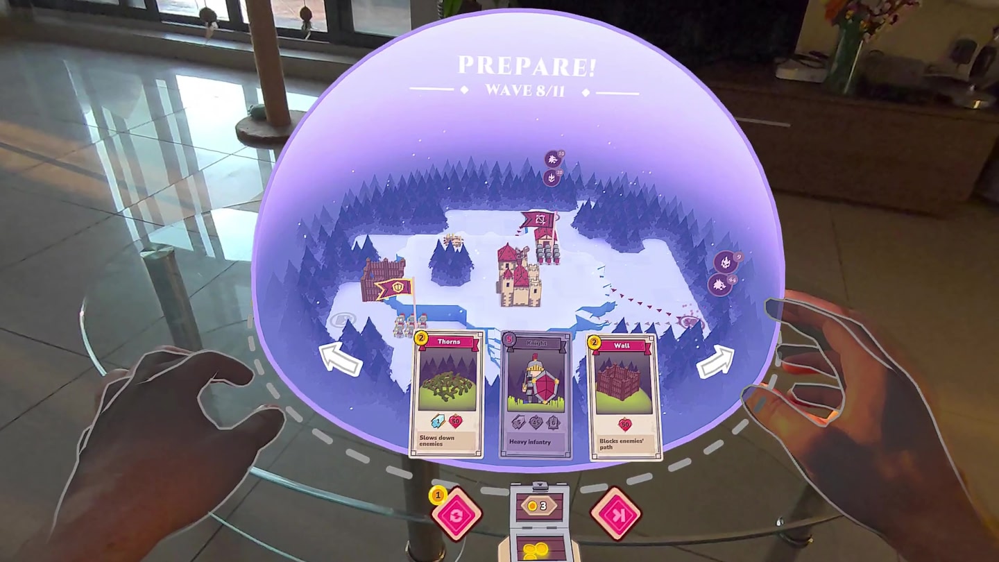 Looking at the half-globe play space in mixed reality in the game Banners &amp; Bastions on a Meta Quest 3