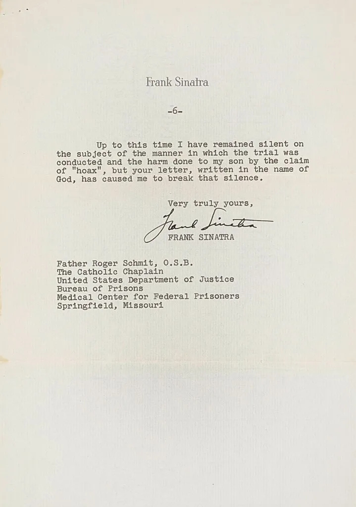 Bonhams is auctioning a six-page letter that Frank Sinatra wrote about the kidnapping of his son. Courtesy of Bonhams