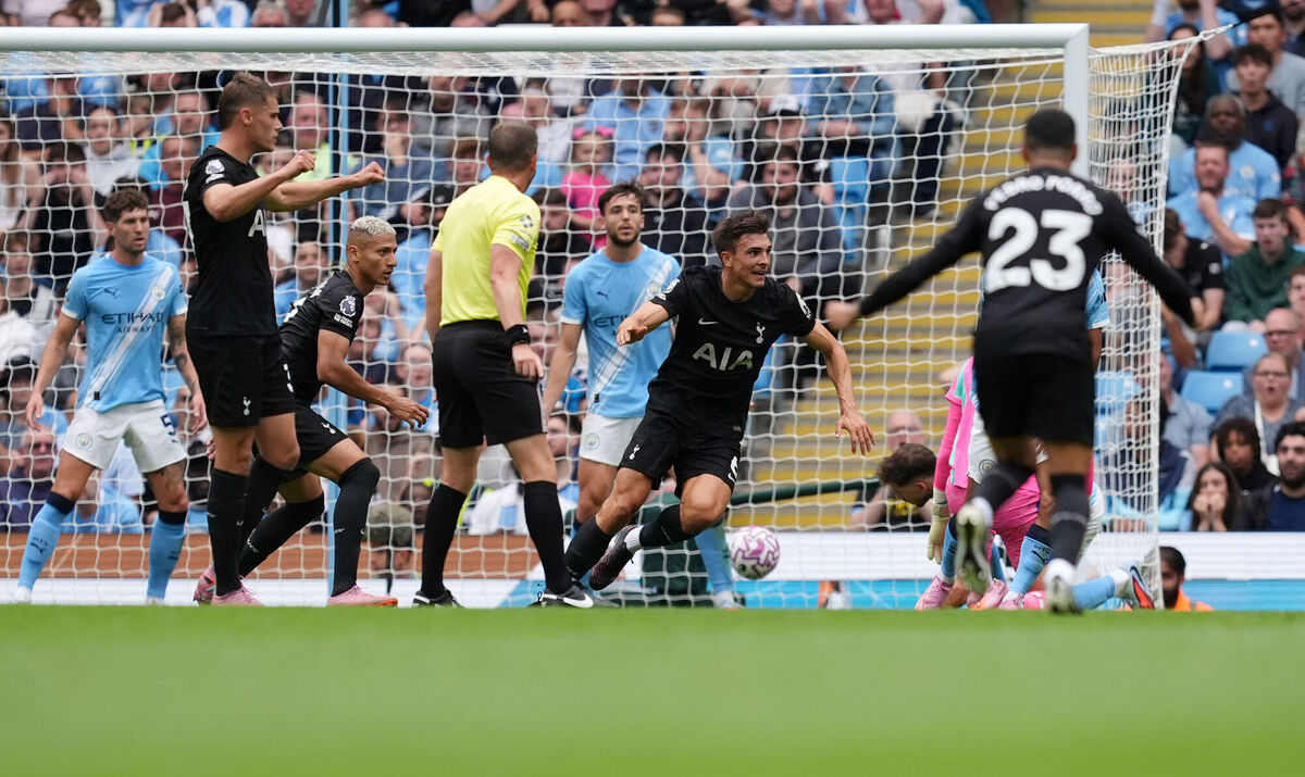 Tottenham Hotspur's Joao Palhinha celebrates scoring. Pic: Martin Rickett/PA Wire.