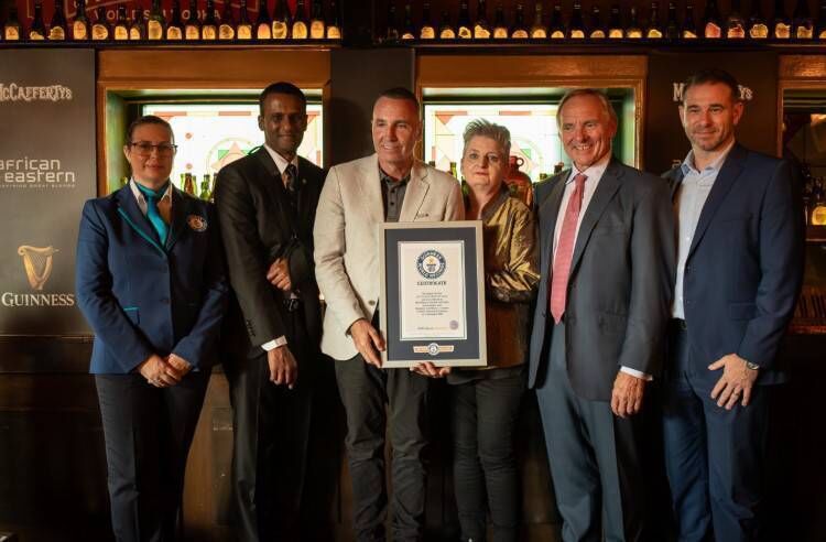Emma Brain, Guinness World Record Adjudicator, Dayalan Nayager, President Europe, Middle East & Global Chief Commercial Officer, Michael McBrearty, the Chief Operating Officer of McCafferty’s, Antoinette Drumm, Managing Director MENA, together with and Diageo’s Chairman of the Board, John Manzoni David Beattie General Manager - Sales, UAE On-trade at the opening of McCafferty’s Irish Bar in Dubai.