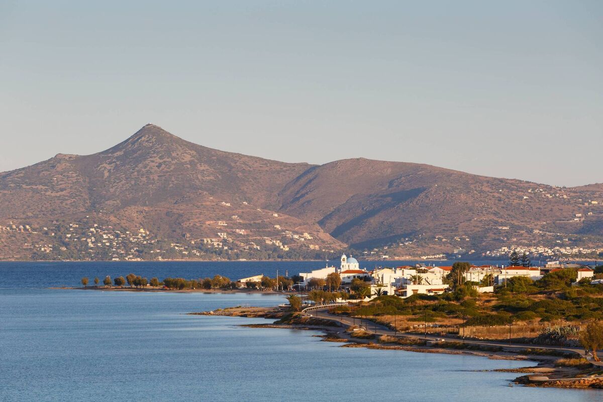 View from Megalochori village of Skala village with Aegina island in the distance