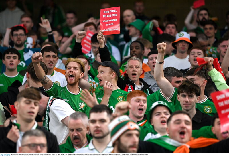 Republic of Ireland supporters protest against Israel during the FIFA World Cup 2026 Group F qualifying match between Republic of Ireland and Hungary at the Aviva Stadium in Dublin. Photo by Stephen McCarthy/Sportsfile