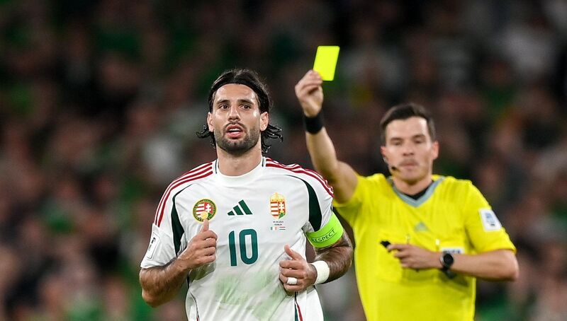 Dominik Szoboszlai of Hungary is shown a yellow card by referee Harm Osmer during the FIFA World Cup 2026 Group F qualifying match between Republic of Ireland and Hungary at the Aviva Stadium in Dublin. Photo by Stephen McCarthy/Sportsfile