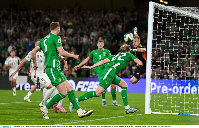 Nathan Collins heads the ball goalwards. Pic: Stephen McCarthy/Sportsfile