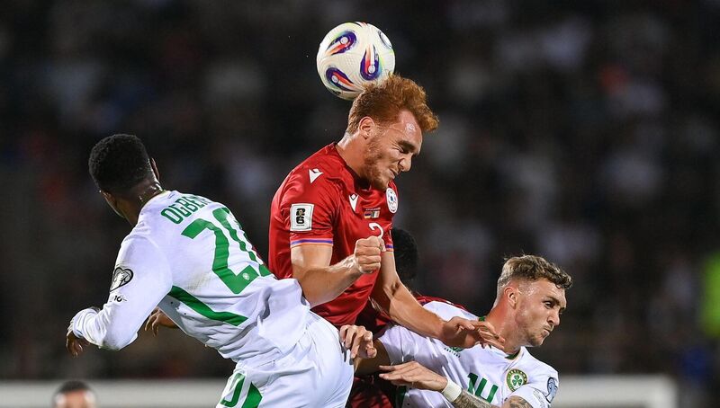 UP FOR THE CHALLENGE: Erik Piloyan in action against Chiedozie Ogbene and Jack Taylor Pic: Stephen McCarthy/Sportsfile