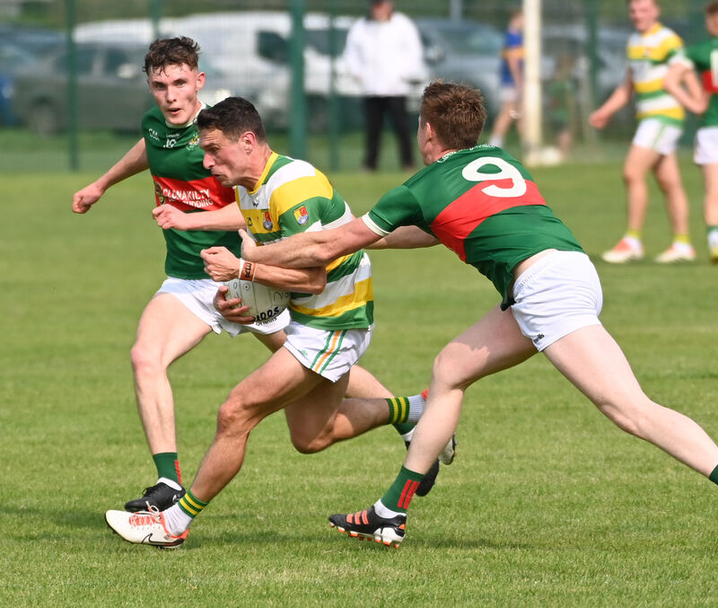 Carbery Rangers' John O'Rourke is tackled by Clonakilty's Griffin Wharton last year. The West Cork rivals face each other on Sunday, seeking to avoid the relegation play-off. Picture: Eddie O'Hare Carbery Rangers' John O'Rourke is tackled by Clonakilty's Griffin Wharton last year. The West Cork rivals face each other on Sunday, seeking to avoid the relegation play-off. Picture: Eddie O'Hare