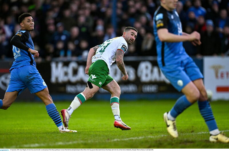 Sean Maguire of Cork City scores his side's second goal past Finn Harps goalkeeper Lorenzo Piaia Barbosa during the Sports Direct Men’s FAI Cup quarter-final match between Finn Harps and Cork City at Finn Park in Ballybofey, Donegal. Photo by Ramsey Cardy/Sportsfile