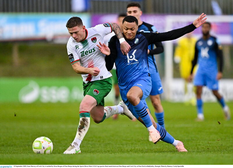 Sean Murray of Cork City is tackled by Oran Brogan of Finn Harps during the Sports Direct Men’s FAI Cup quarter-final match between Finn Harps and Cork City at Finn Park in Ballybofey, Donegal. Photo by Ramsey Cardy/Sportsfile