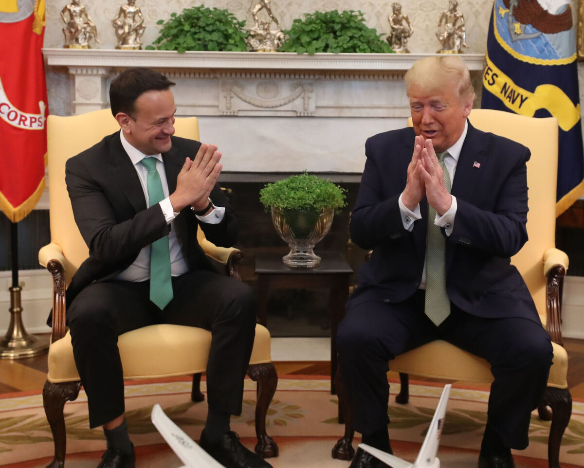 Former taoiseach Leo Varadkar (left) and US president Donald Trump greeting each other with a Namaste gesture in the Oval Office at the White House in Washington DC during the Taoiseach's visit to the US. Picture: Niall Carson/PA Wire