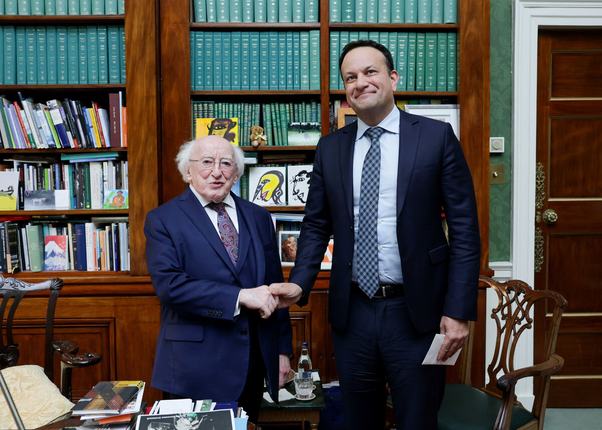 Former taoiseach, Leo Varadkar meeting President Michael D Higgins to present his resignation at Aras an Uachtarain, Dublin. Picture: Maxwells/PA Wire
