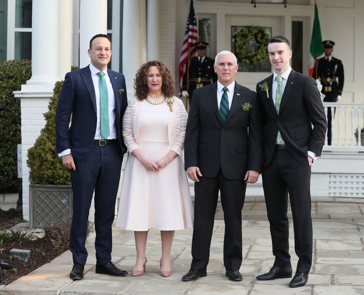 Former taoiseach Leo Varadkar (left), accompanied by his partner Matt Barrett (right) with the former US vice president Mike Pence (second right) and the VP's sister Anne Pence Poynter at the VP's official residence in Washington DC. Picture: Brian Lawless/PA Wire