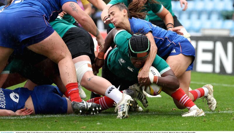Linda Djougang of Ireland scores her side's first try during the Women's Rugby World Cup 2025 quarter-final match between France and Ireland at Sandy Park in Exeter, England. Photo by Harry Murphy/Sportsfile