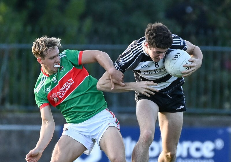 Donoughmore's Daniel Golden is tackled by Clonakilty's Dylan Harrington during their Premier 2 MFC clash at the Mardyke. Picture: David Keane  Donoughmore's Daniel Golden is tackled by Clonakilty's Dylan Harrington during their Premier 2 MFC clash at the Mardyke. Picture: David Keane