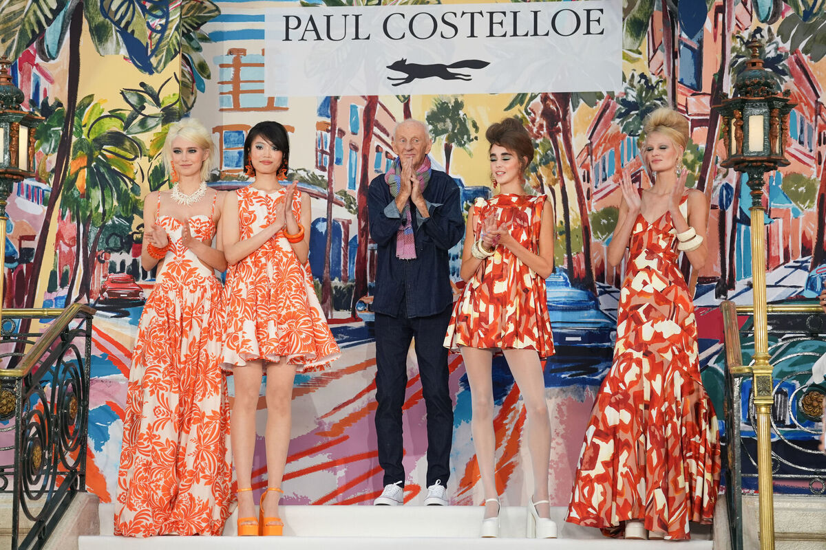 Irish designer Paul Costelloe, who turned 80 in June, with models on the runway at the Waldorf Hotel during London Fashion Week. Picture: Lucy North/PA
