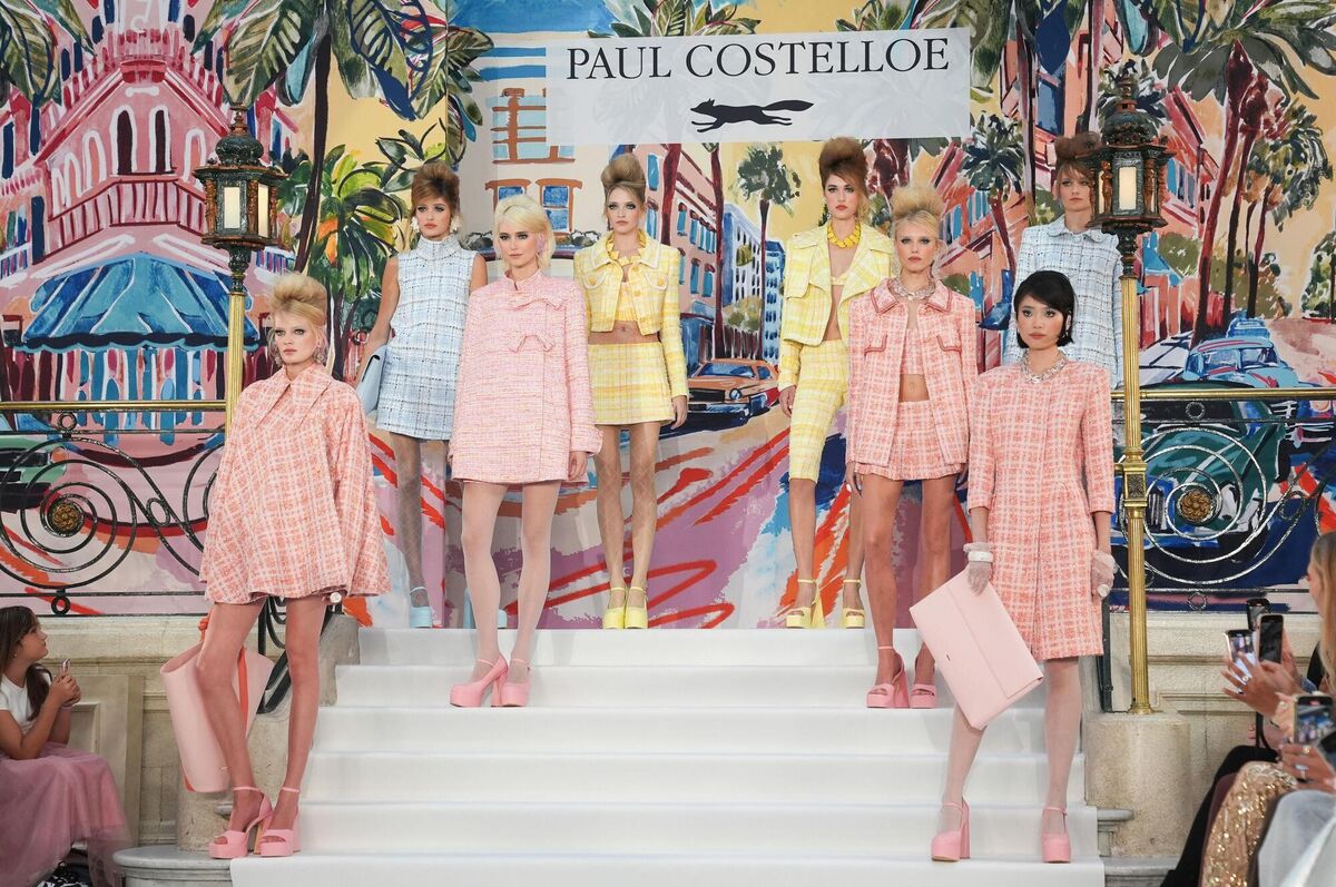 Paul Costelloe evoked the bouffants of Beverly Hills, Hollywood, and Palm Springs in his show at the Waldorf Hotel during London Fashion Week. 