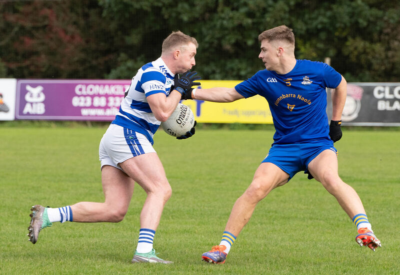 Castlehaven's Brian Hurley about to be blocked by Dylan Quinn of St Finbarrs during the County Premier Senior Football Championship quarter final match in Clonakilty. Picture: Howard Crowdy Castlehaven's Brian Hurley about to be blocked by Dylan Quinn of St Finbarrs during the County Premier Senior Football Championship quarter final match in Clonakilty. Picture: Howard Crowdy