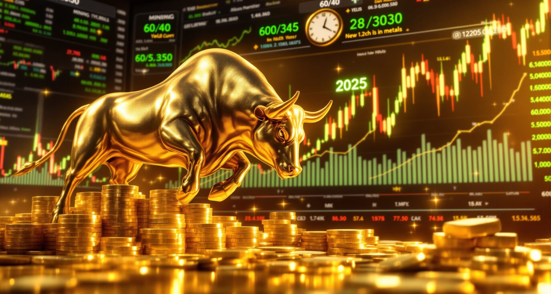 Golden bull on coins, stock charts.