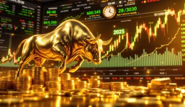 Golden bull on coins, stock charts.
