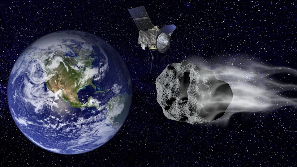  An illustration shows OSRIS-APEX as it watches the asteroid Apophis skim Earth in 2029. 