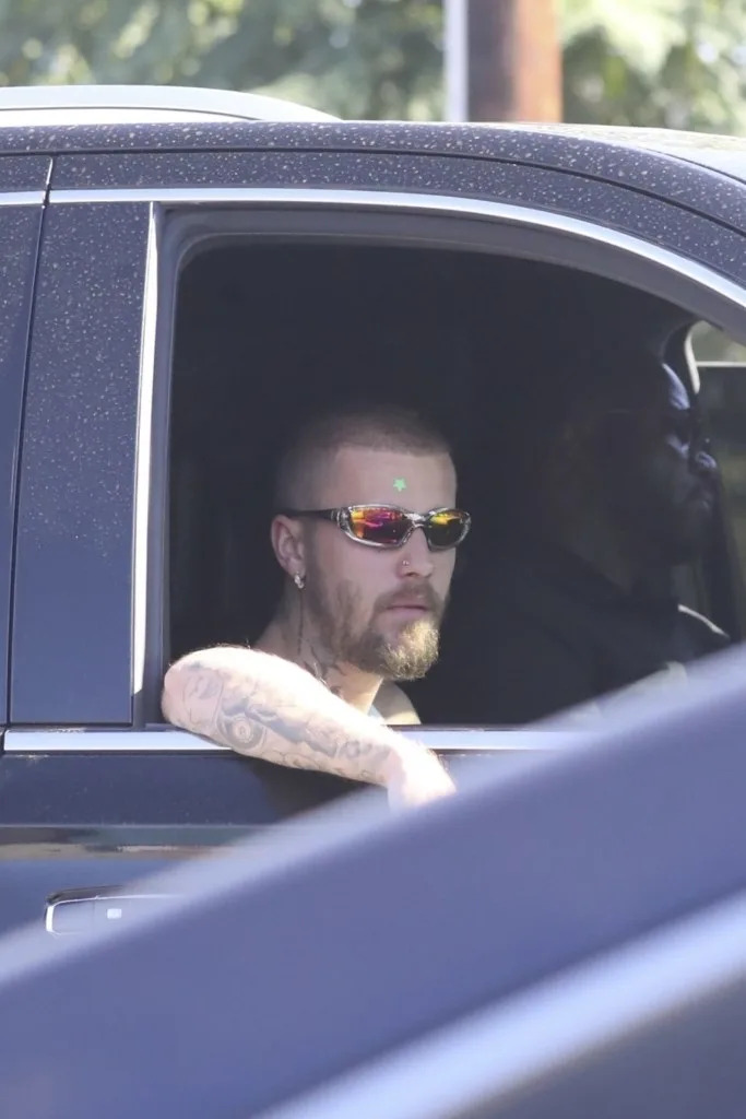 The singer was spotted rocking the bushy facial hair while riding in a car. LESE / BACKGRID
