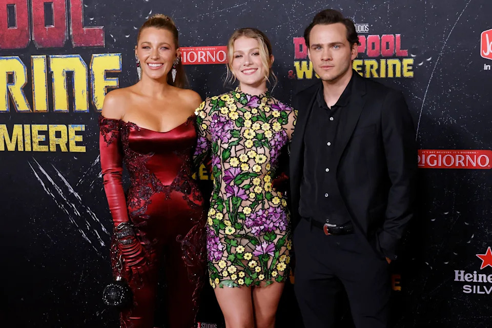 Isabela Ferrer, Lively, and Alex Neustaedter pose at the Deadpool & Wolverine premiere