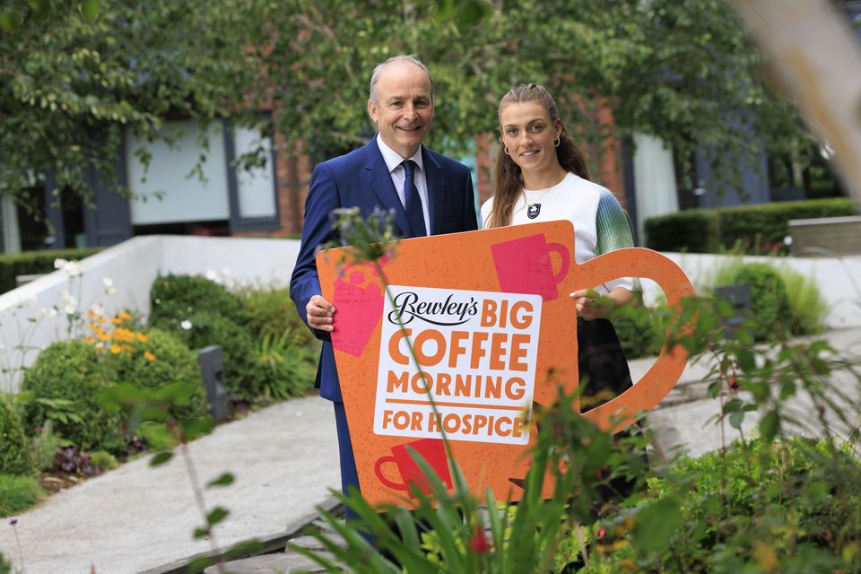 Taoiseach Micheál Martin and champion sailor Eve McMahon, pictured at St Francis Hospice in Blanchardstown, Dublin, are encouraging the public to support Bewley’s Big Coffee Morning for Hospice on September 25. Picture: Conor McCabe.