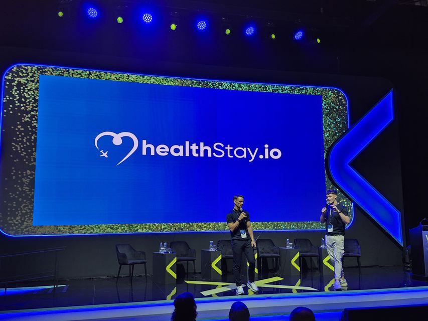 Founders of healthStay.io presenting at WHX Tech in Dubai World Trade Centre, this month