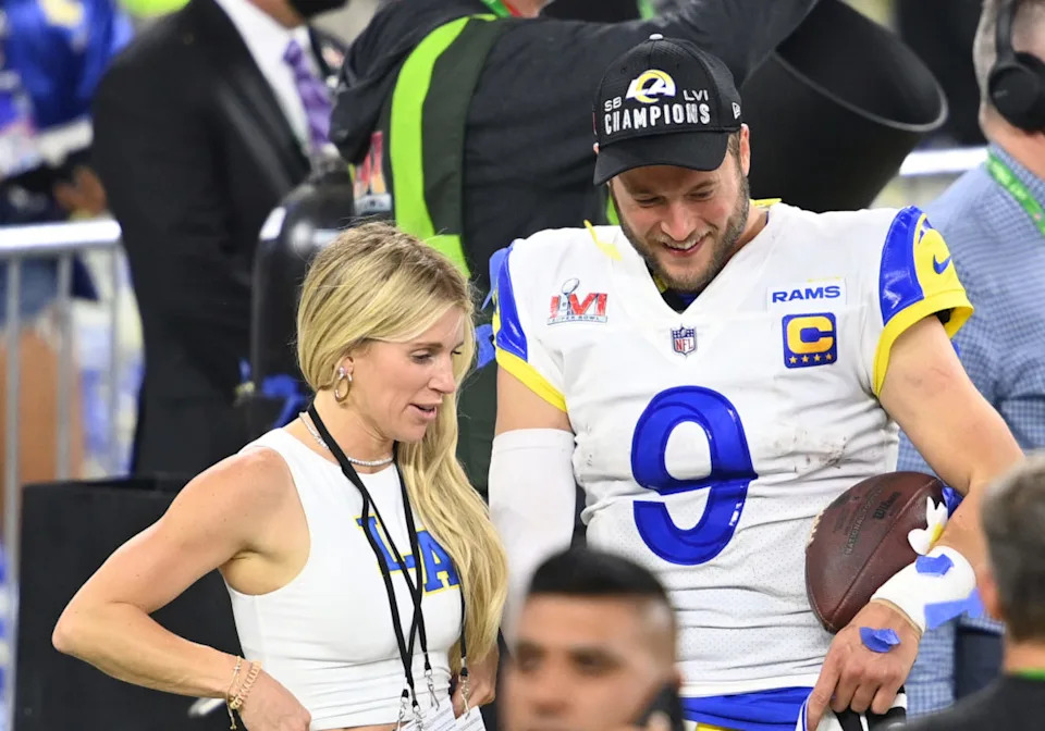 INGLEWOOD, CA - FEBRUARY 13: Los Angeles Rams Quarterback Matthew Stafford (9) celebrates with his wife Kelly Hall after the Los Angeles Rams defeated the Cincinnati Bengals 23-20 in Super Bowl LVI on February 13, 2022, at SoFi Stadium in Inglewood, CA. (Photo by Brian Rothmuller/Icon Sportswire via Getty Images)Getty