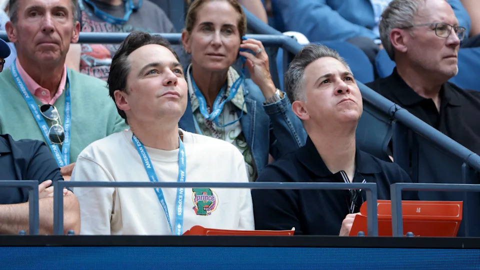 Jim Parsons and Todd Spiewak attend day ten of the 2025 US Open Tennis Championships at USTA Billie Jean King National Tennis Center on September 2, 2025 in Flushing Meadows, Queens, New York City.