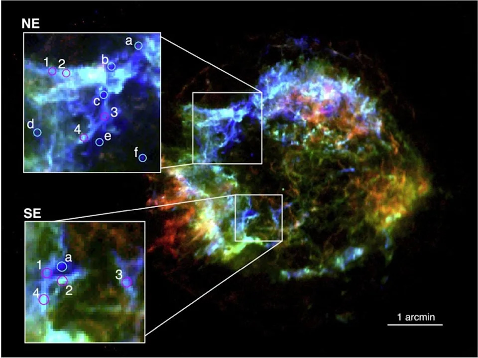 An image of Cas A with two zoomed-in insets showing elemental distribution