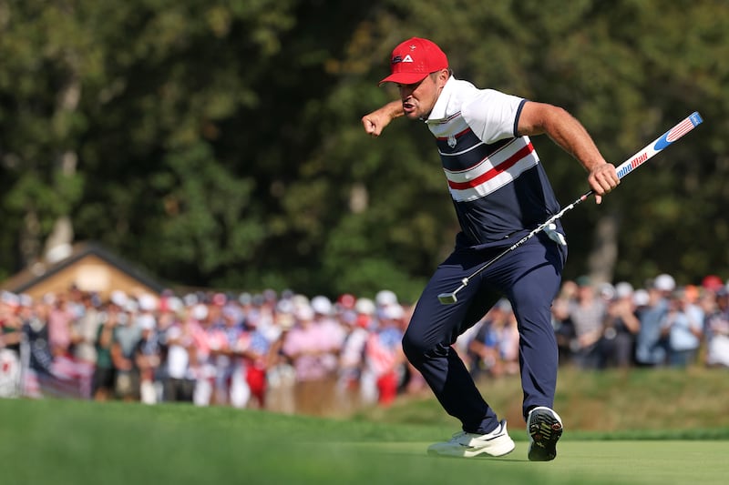 USA's Bryson DeChambeau reacts after making his putt on the 12th green during Sunday's singles matches. Photograph: Jamie Squire/Getty Images