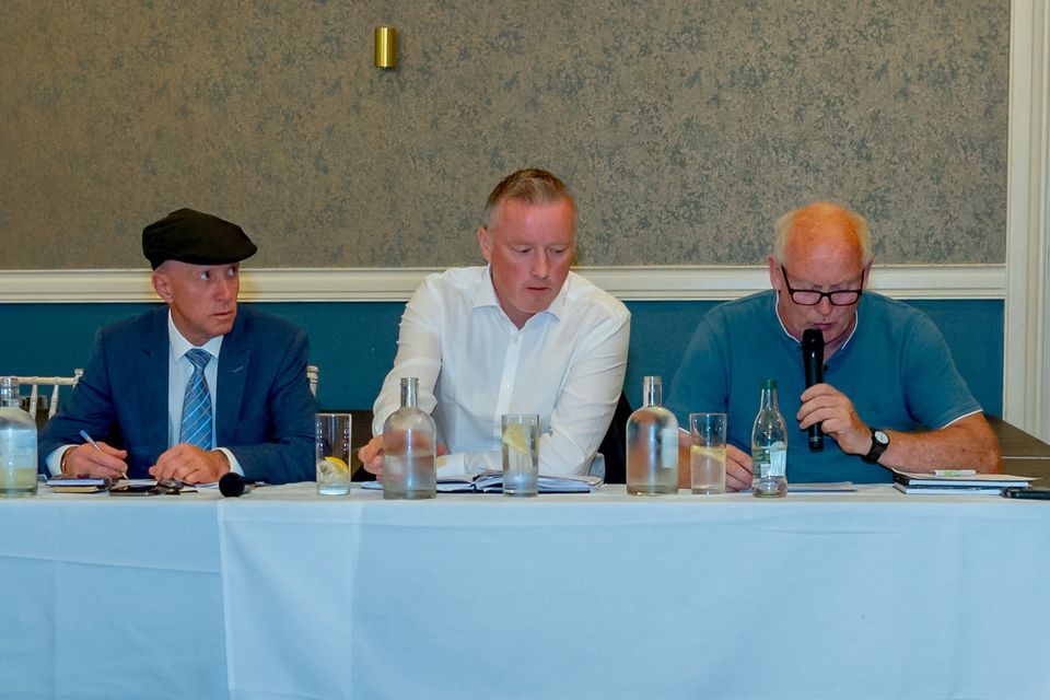 Minister Michael Healy Rae, Jason Fleming Chairman Kerry IFA and John O' Sullivan secetary Kerry IFA at the public meeting in the Killarney Heights Hotel last Monday evening. Photo by Seamus Healy.