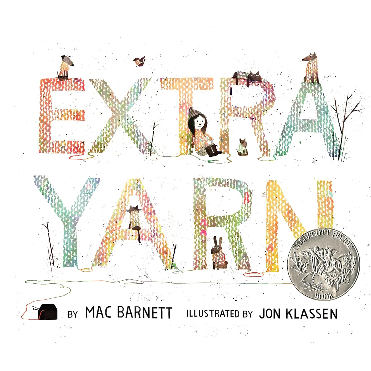 The cover of Extra Yarn, featuring kids and bunnies within each knitted letter of the title.
