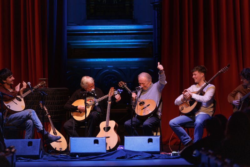 Donal Lunny and Andy Irvine performing after the screening of In Time, at the Triskel for Sounds from a Safe Harbour festival. Photograph: Bríd O’Donovan