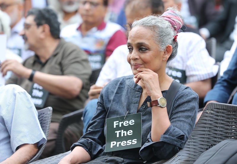 Arundhati Roy at a journalists protest in New Delhi, India, in 2023. Photograph: Harish Tyagi/EP