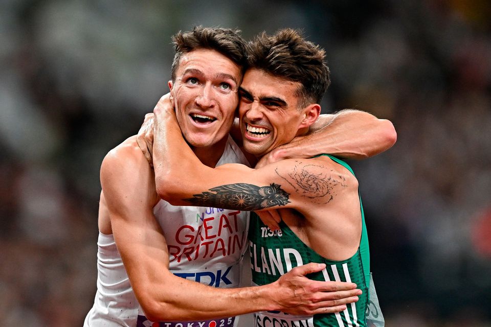 Andrew Coscoran, right, celebrates with Jake Wightman of Great Britain after the men's 1500m semi-finals at the World Athletics Championships in Tokyo, Japan. Photo: Sam Barnes/Sportsfile