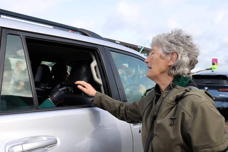 Catherine Connolly shakes hands with Sabina Higgins as the President's entourage made its way to the horse ploughing. Photograph: Ronan McGreevy