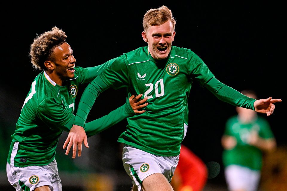 Michael Noonan (right) celebrates with teammate Trent Kone-Doherty after scoring for Ireland during the  European U21 Championship qualifier against Andorra at Tallaght Stadium. Photo: Ramsey Cardy/Sportsfile