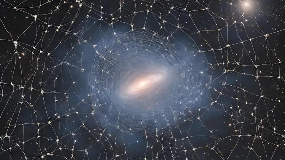 An illustration shows a galaxy ensnared with a cosmic web 