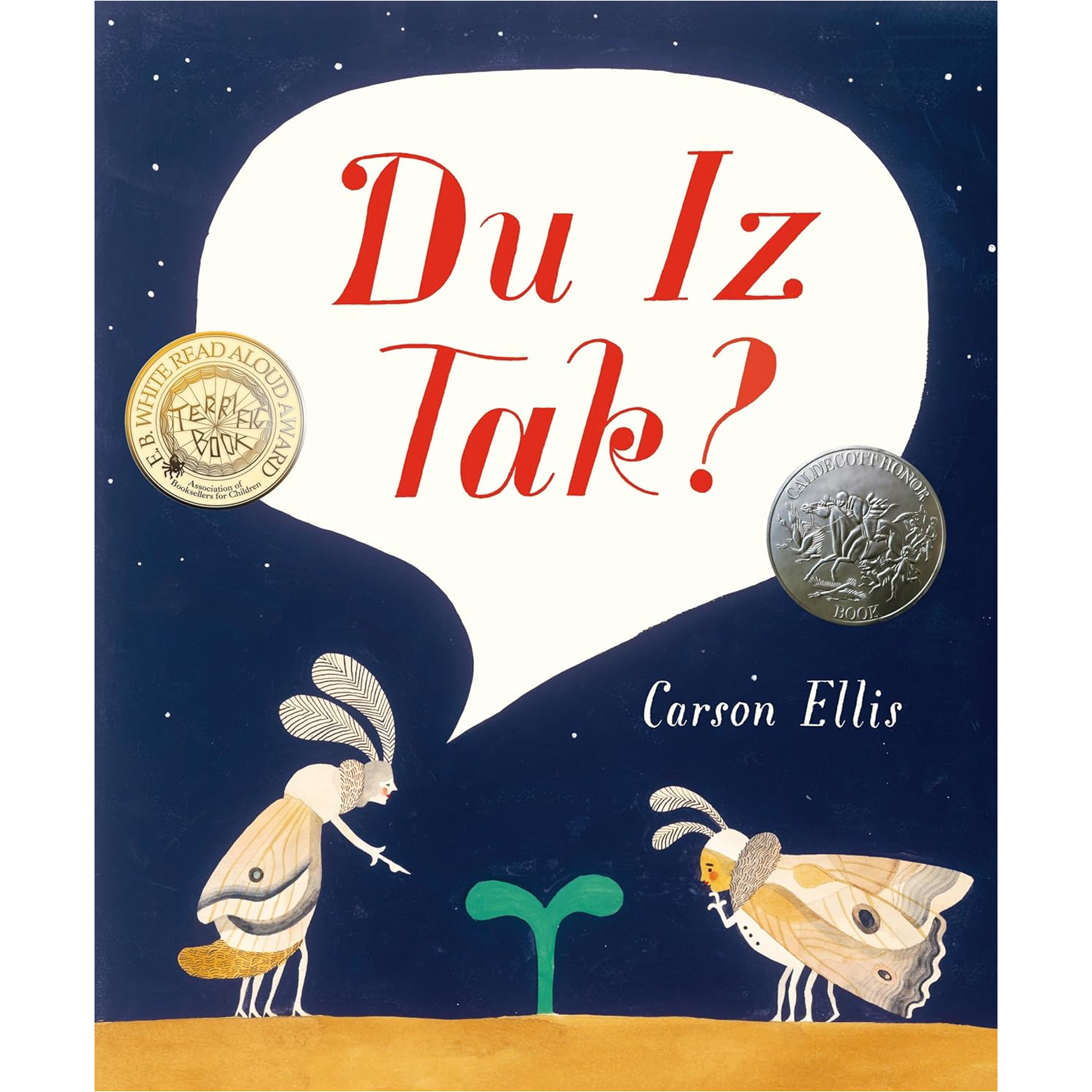 The cover of Du Iz Tak?, featuring two moths talking to each other.