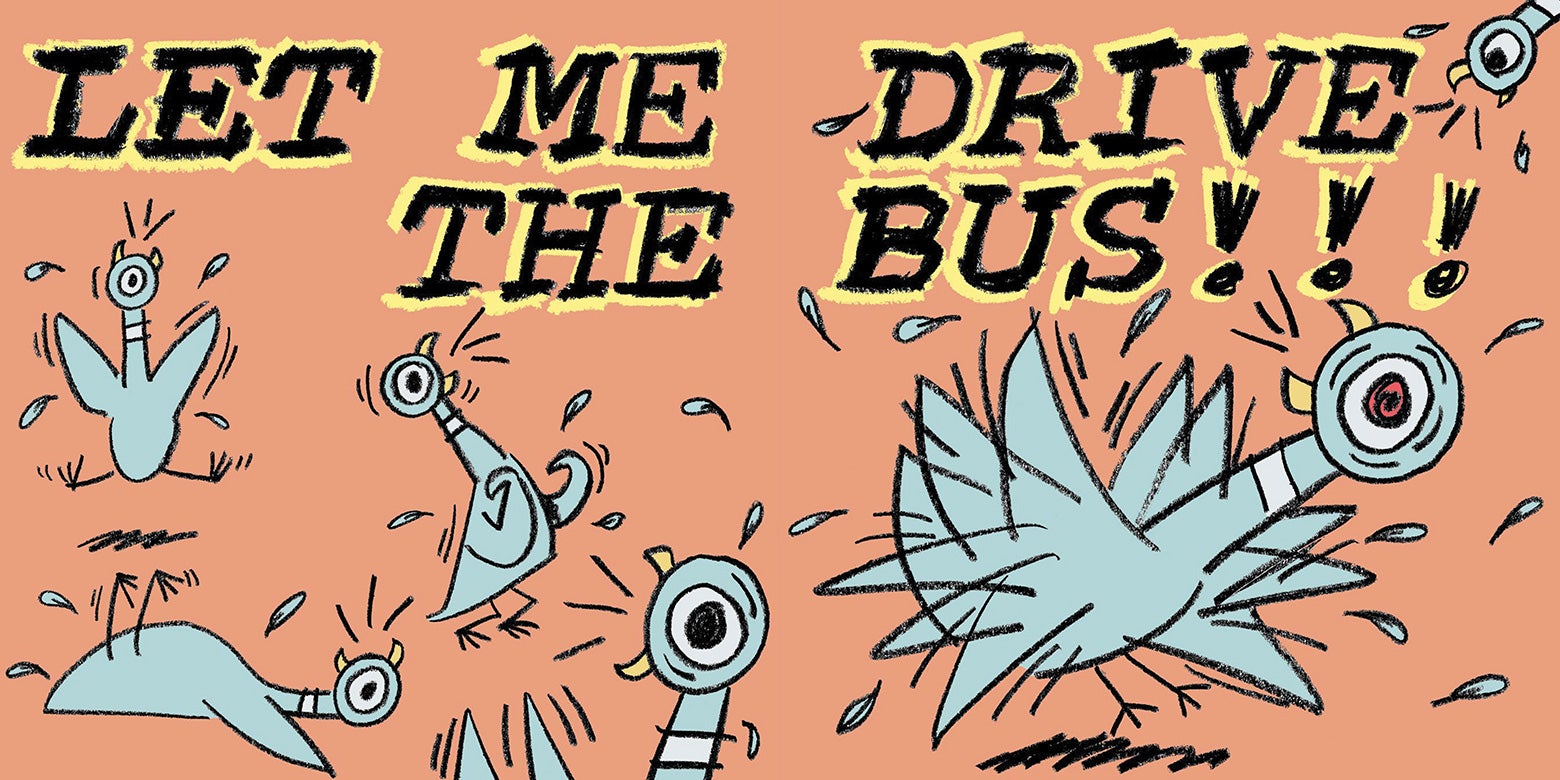 An agitated Pigeon twitching and screaming, "LET ME DRIVE THE BUS!!!"