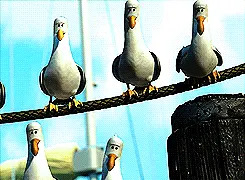 Seven animated seagulls perched on a rope, one repeatedly saying "Mine" in a loop, referencing a scene from an animated film
