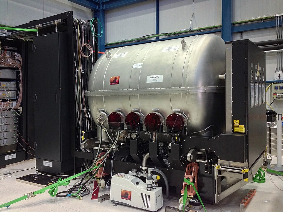 GRAVITY is a second generation instrument for the VLT Interferometer and allows the measurement of the positions and motions of astronomical objects on scales far smaller than is currently possible. The picture shows the instrument under test at the Paranal Observatory in July 2015 (Credit : MPE/GRAVITY team)