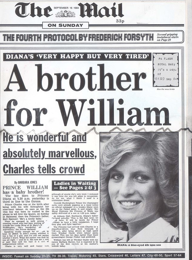 The Daily Mail's front cover on September 16 - the day after Prince Harry was born