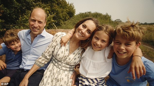 The Prince and Princess of Wales with their children Louis, Charlotte and George. The family enjoyed a Greek holiday this summer