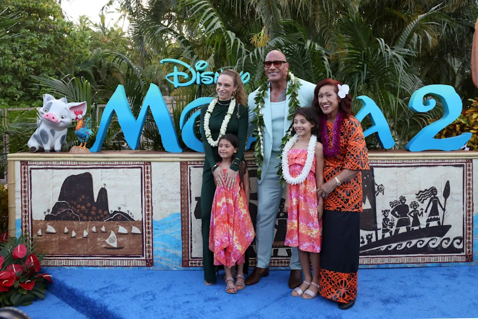 (L-R) Tiana Johnson, Lauren Hashian, Dwayne Johnson, Jasmine Johnson and Ata Johnson attend the World Premiere of Walt Disney Animation Studios' "Moana 2" in Kapolei, Hawaii on November 21, 2024. <p>Photo by Rodin Eckenroth&sol;Getty Images for Disney</p>