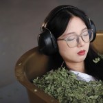 An east asian long-haired person with red lipstick is in a gold bathtub full of leaves and wearing headphones.